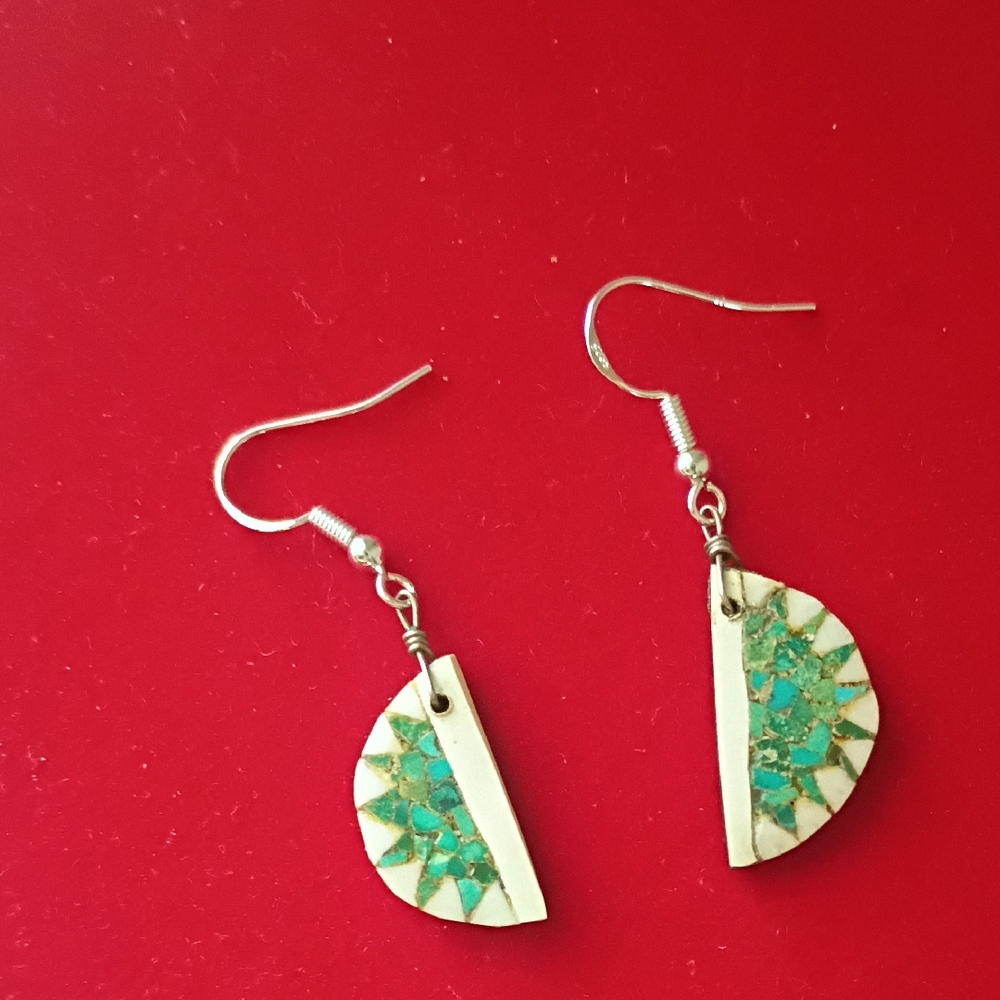 Santo Domingo Pueblo Mosaic Inlay Earrings Turquoise .925 Hooks - Picture 3 of 8